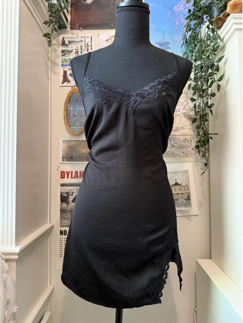 Unbranded Black Satin Lace Trim Slip Dress